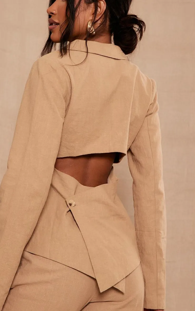 New PrettyLittleThing Premium Linen Look Cut Out Back Blazer Beige