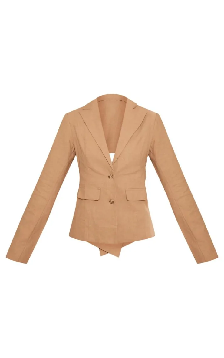 New PrettyLittleThing Premium Linen Look Cut Out Back Blazer Beige