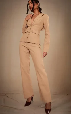 New PrettyLittleThing Premium Linen Look Straight Leg Pants Beige