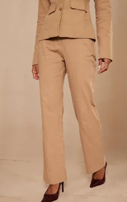 New PrettyLittleThing Premium Linen Look Straight Leg Pants Beige
