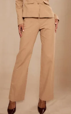New PrettyLittleThing Premium Linen Look Straight Leg Pants Beige