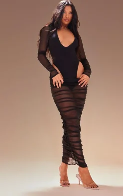 Best PrettyLittleThing Premium Double Layer Mesh Ruched Midaxi Skirt Black