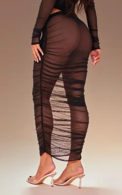 Best PrettyLittleThing Premium Double Layer Mesh Ruched Midaxi Skirt Black