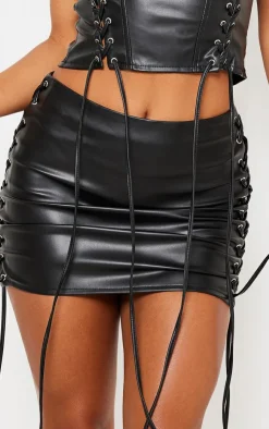 Sale PrettyLittleThing Premium Faux Leather Lace Front Micro Mini Skirt Black