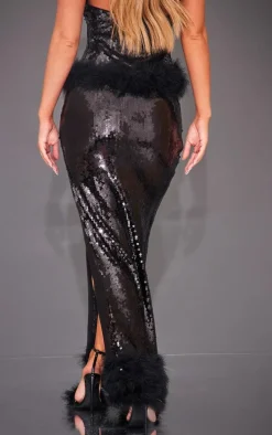Best PrettyLittleThing Premium Sequin Faux Fur Trim Extreme Slit Maxi Skirt Black