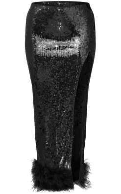 Best PrettyLittleThing Premium Sequin Faux Fur Trim Extreme Slit Maxi Skirt Black