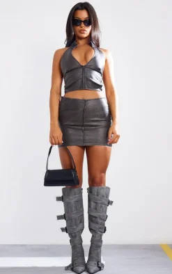 Best PrettyLittleThing Premium Washed Faux Leather Seam Detail Low Rise Micro Mini Skirt Black