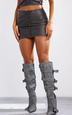 Best PrettyLittleThing Premium Washed Faux Leather Seam Detail Low Rise Micro Mini Skirt Black