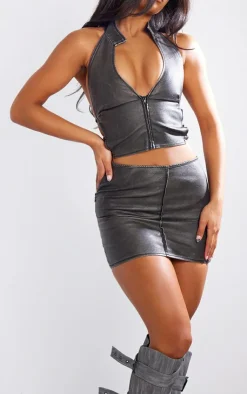 Best PrettyLittleThing Premium Washed Faux Leather Seam Detail Low Rise Micro Mini Skirt Black