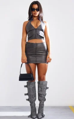 Clearance PrettyLittleThing Premium Washed Faux Leather Zip Front Halterneck Corset Black