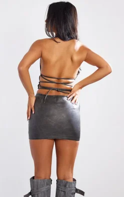 Clearance PrettyLittleThing Premium Washed Faux Leather Zip Front Halterneck Corset Black