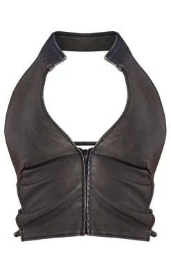 Clearance PrettyLittleThing Premium Washed Faux Leather Zip Front Halterneck Corset Black