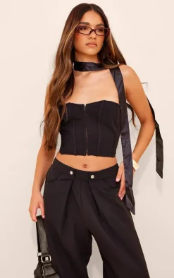 Hot PrettyLittleThing Premium Woven Hook & Eye Detail Bandeau Corset Black