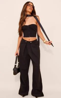 Hot PrettyLittleThing Premium Woven Hook & Eye Detail Bandeau Corset Black