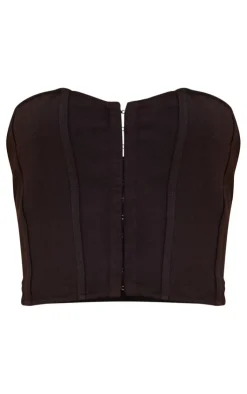 Hot PrettyLittleThing Premium Woven Hook & Eye Detail Bandeau Corset Black
