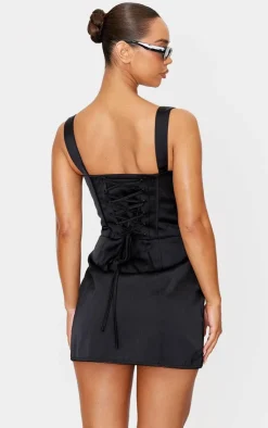 Premium Woven Square Neck Lace Back Corset Bodycon Dress-PrettyLittleThing Discount