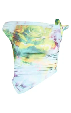 Discount PrettyLittleThing Premium Floral Print Double Layer Asymmetrical Top Blue