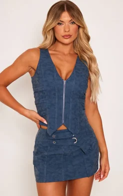 Clearance PrettyLittleThing Premium Washed Faux Leather Zip Front Strap Detail Corset Blue