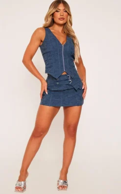 Clearance PrettyLittleThing Premium Washed Faux Leather Zip Front Strap Detail Corset Blue