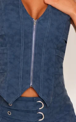 Clearance PrettyLittleThing Premium Washed Faux Leather Zip Front Strap Detail Corset Blue