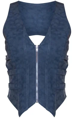 Clearance PrettyLittleThing Premium Washed Faux Leather Zip Front Strap Detail Corset Blue