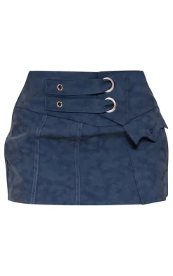 Online PrettyLittleThing Premium Washed Faux Leather Strap Detail Wrap Over Micro Mini Skirt Blue