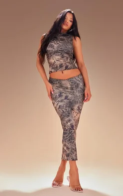 Sale PrettyLittleThing Premium Leopard Print Double Layer Slinky Midaxi Skirt Brown