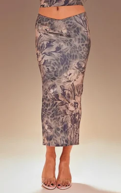 Sale PrettyLittleThing Premium Leopard Print Double Layer Slinky Midaxi Skirt Brown