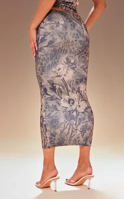 Sale PrettyLittleThing Premium Leopard Print Double Layer Slinky Midaxi Skirt Brown