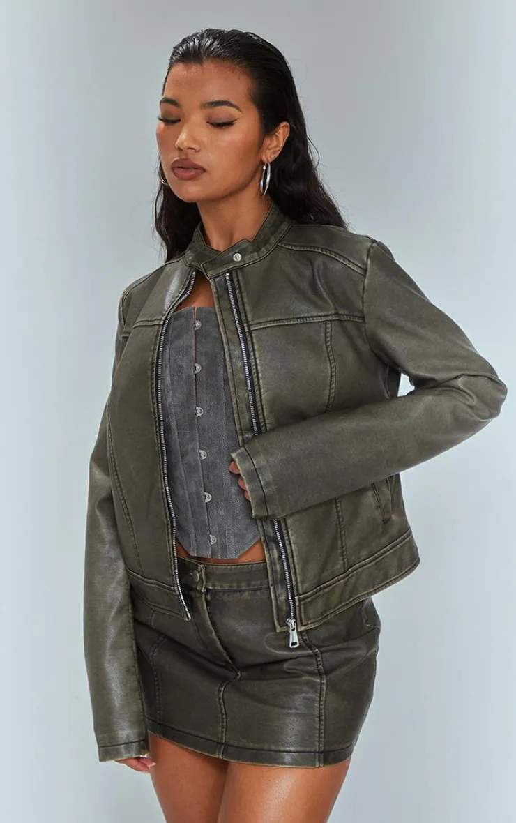PrettyLittleThing Premium Washed Faux Leather Seam Detail Mini Skirt Brown