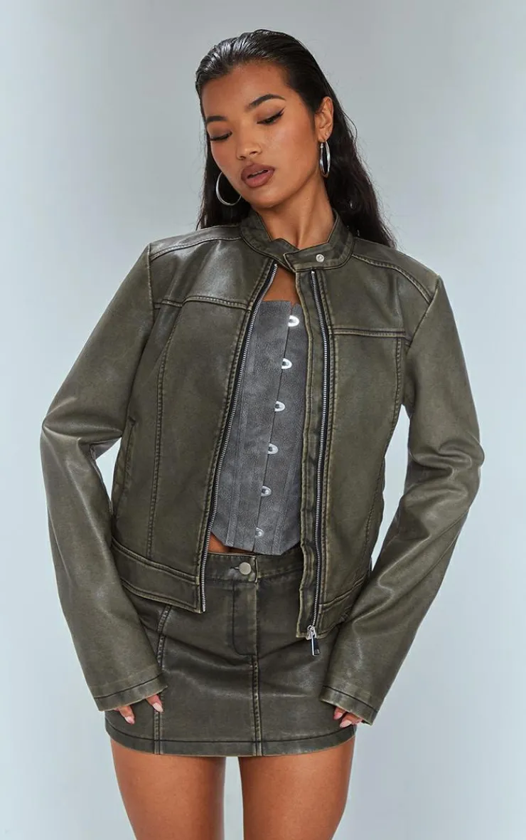 PrettyLittleThing Premium Washed Faux Leather Seam Detail Mini Skirt Brown
