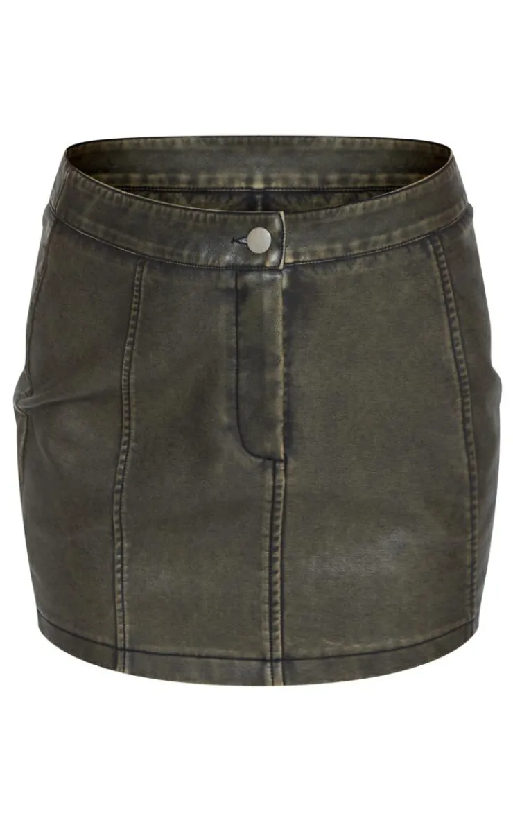 PrettyLittleThing Premium Washed Faux Leather Seam Detail Mini Skirt Brown