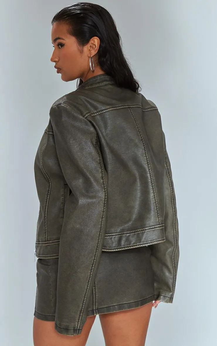 Online PrettyLittleThing Premium Washed Faux Leather Oversized Seam Detail Jacket Brown