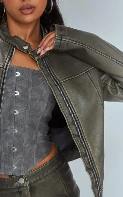 Online PrettyLittleThing Premium Washed Faux Leather Oversized Seam Detail Jacket Brown