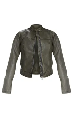 Online PrettyLittleThing Premium Washed Faux Leather Oversized Seam Detail Jacket Brown