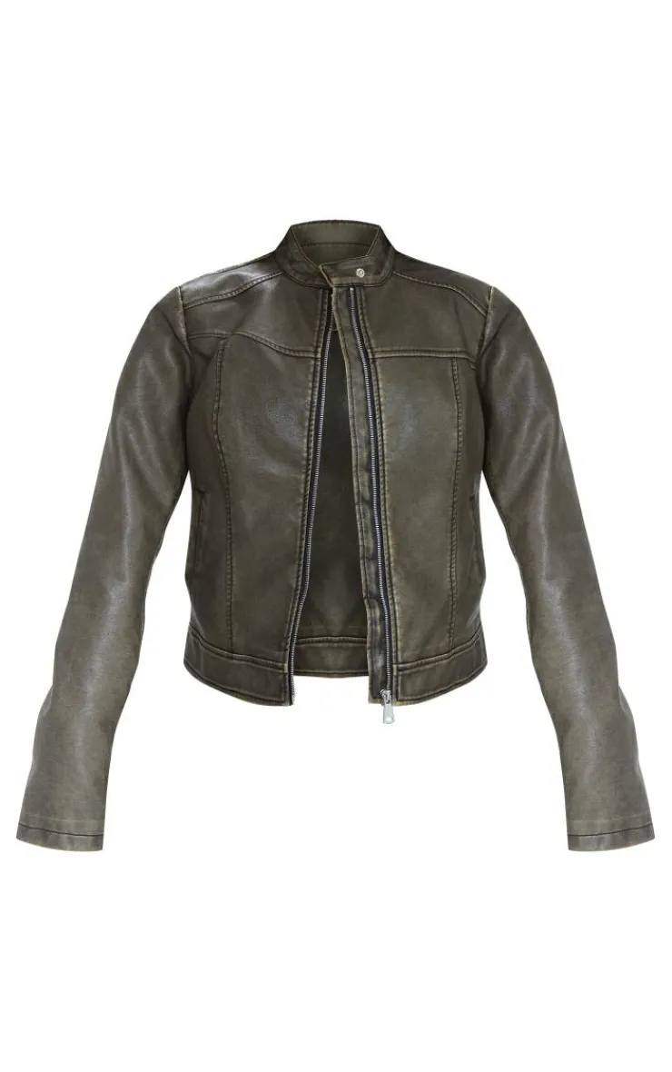 Online PrettyLittleThing Premium Washed Faux Leather Oversized Seam Detail Jacket Brown