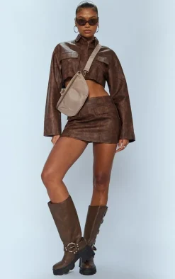 Best PrettyLittleThing Premium Washed Faux Leather Boxy Cropped Pocket Detail Jacket Brown