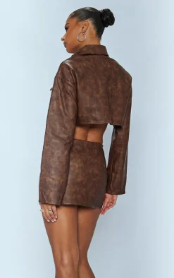 Best PrettyLittleThing Premium Washed Faux Leather Boxy Cropped Pocket Detail Jacket Brown