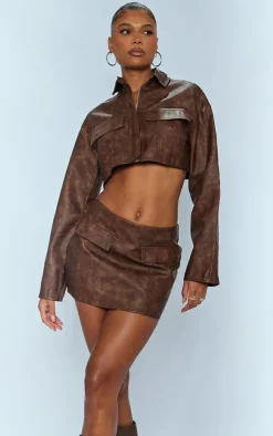 Best PrettyLittleThing Premium Washed Faux Leather Boxy Cropped Pocket Detail Jacket Brown