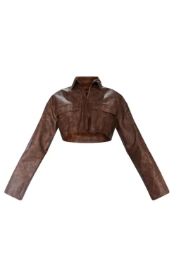 Best PrettyLittleThing Premium Washed Faux Leather Boxy Cropped Pocket Detail Jacket Brown
