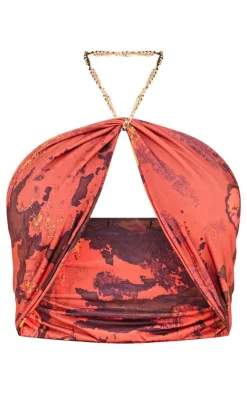 Discount PrettyLittleThing Premium Abstract Print Double Layer Slinky Twist Chain Bralet Cherry Red