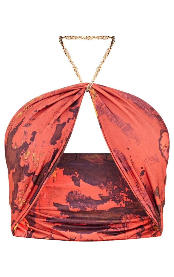Discount PrettyLittleThing Premium Abstract Print Double Layer Slinky Twist Chain Bralet Cherry Red