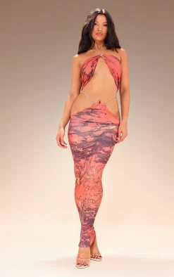 Best PrettyLittleThing Premium Abstract Print Double Layer Slinky Chain Midaxi Skirt Cherry Red