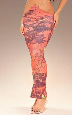 Best PrettyLittleThing Premium Abstract Print Double Layer Slinky Chain Midaxi Skirt Cherry Red