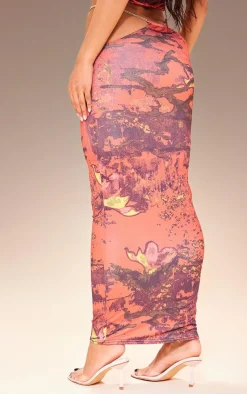 Best PrettyLittleThing Premium Abstract Print Double Layer Slinky Chain Midaxi Skirt Cherry Red