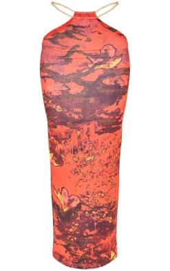 Best PrettyLittleThing Premium Abstract Print Double Layer Slinky Chain Midaxi Skirt Cherry Red
