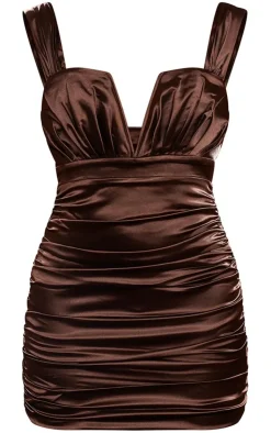 Premium Constructed Satin V Bar Ruched Mini Dress-PrettyLittleThing Clearance