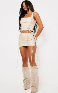 Hot PrettyLittleThing Premium Faux Leather Lace Front Micro Mini Skirt Cream