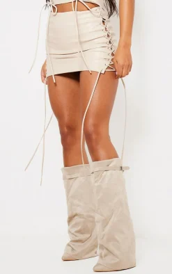 Hot PrettyLittleThing Premium Faux Leather Lace Front Micro Mini Skirt Cream