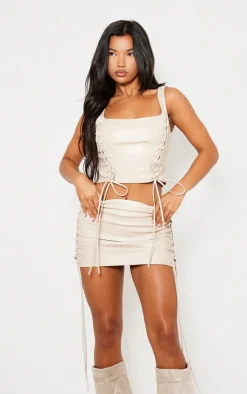 Hot PrettyLittleThing Premium Faux Leather Lace Front Micro Mini Skirt Cream